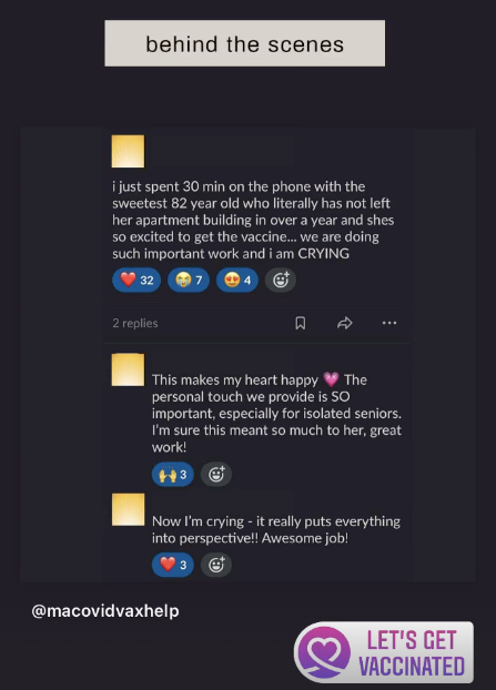 Take a peek behind the scenes <a href="/macovidvaxhelp/">Massachusetts COVID Vaccination Help</a>! Every day we get reminded about why we do what we do❣️
And checkout all that support from the team❤️😭😍 
#VaccineEquity #pinksocks #HCLDR #COVID19MA 

Do you want to be part of something meaningful? 
👉macovidvaxhelp.com/volunteer