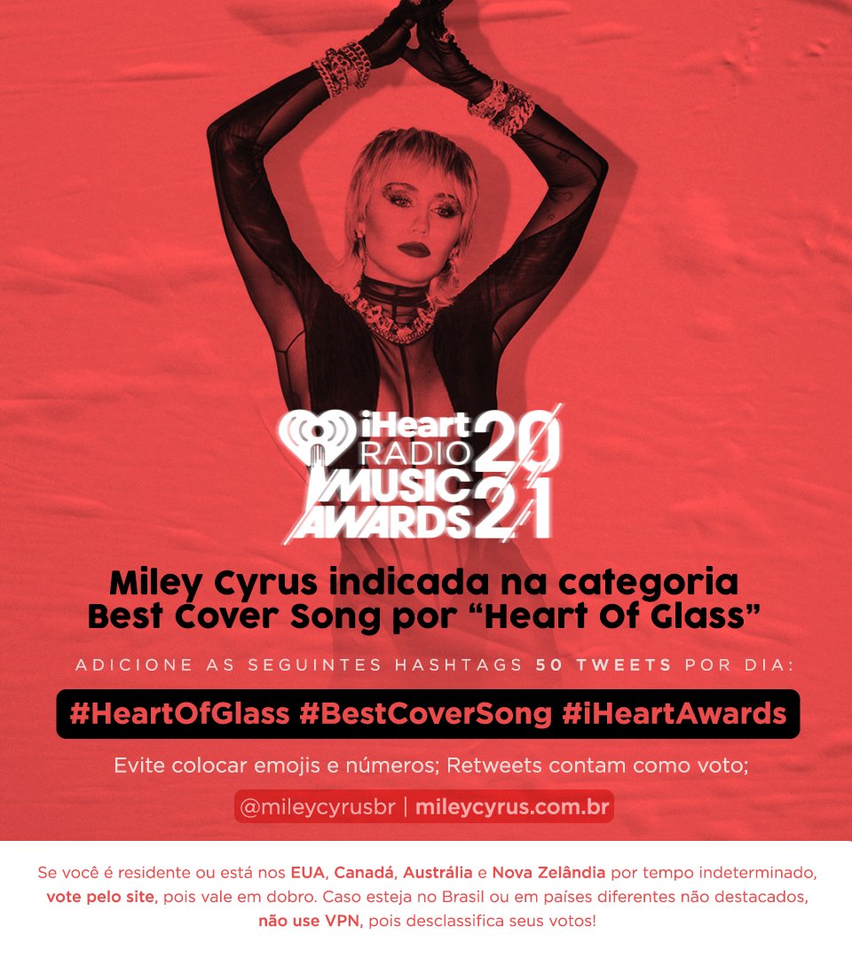 MileyCyrusBR's tweet photo. Quer ajudar a @MileyCyrus a vencer a categoria Best Cover Song no @iHeartRadio Music Awards 2021? 

Então use as hashtags e compartilhe os banners com o mundo: #HeartOfGlass #BestCoverSong #iHeartAwards https://t.co/n1y2tbfjZE