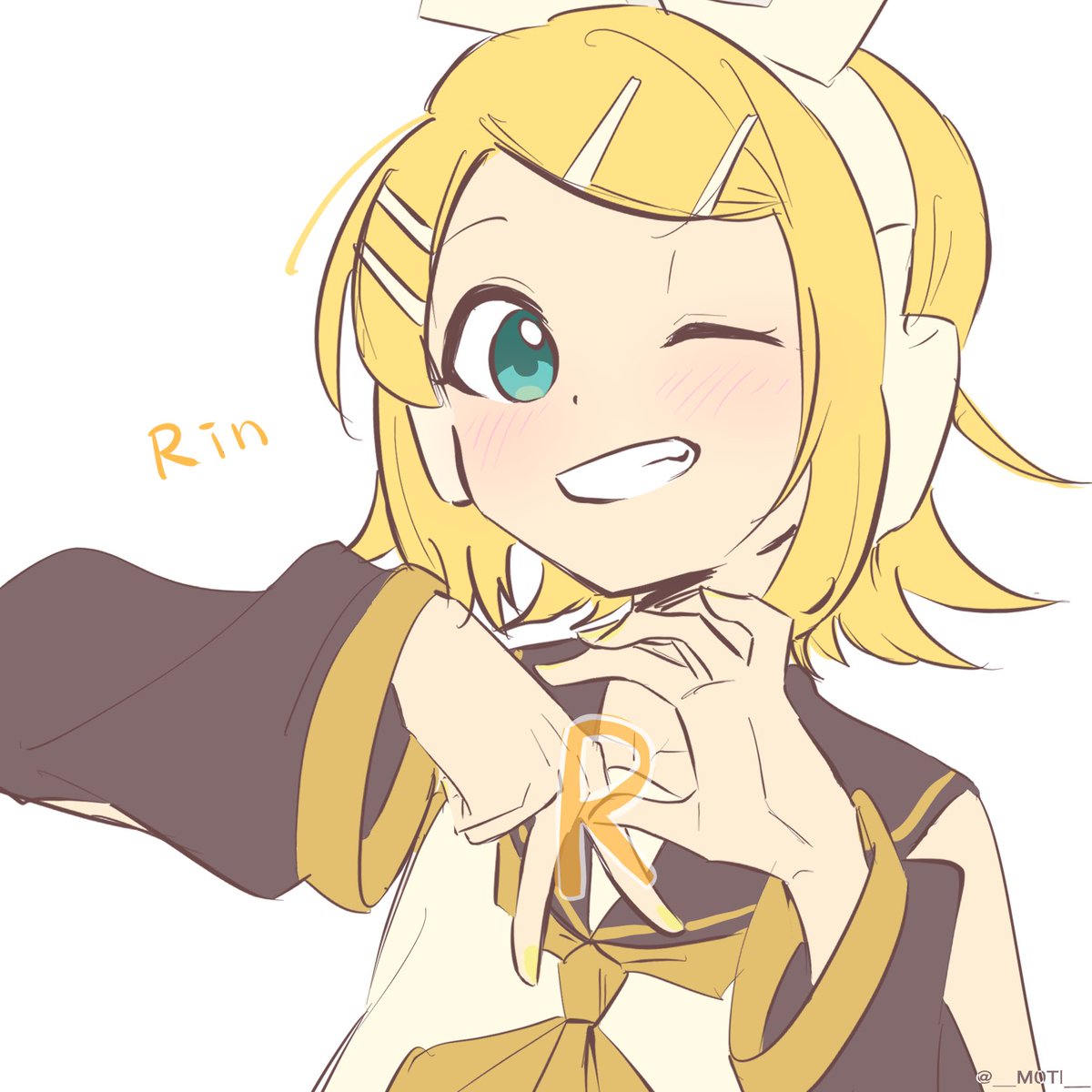 kagamine rin 1girl one eye closed blonde hair hairclip hair ornament smile solo  illustration images