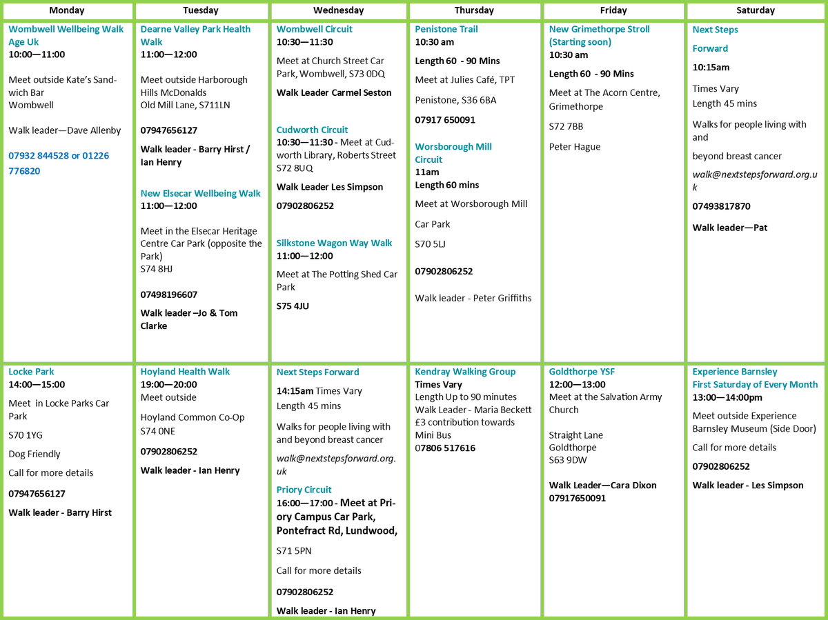 Good Morning Walkers, we hope you have al been enjoying the spring sunshine and showers? Here is Walk well's timetable, any questions please do get in touch 🙂