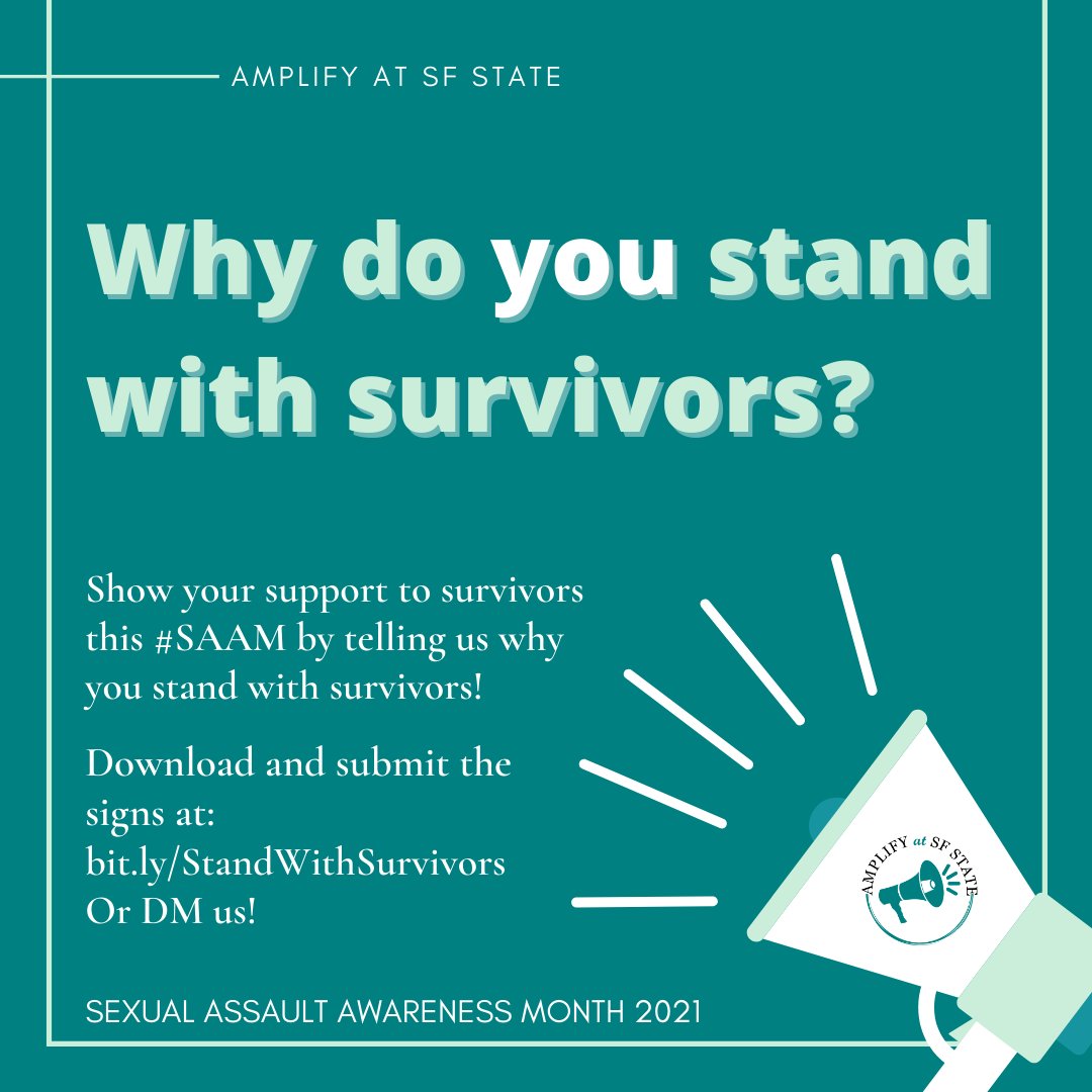 zeenna_'s tweet photo. Join Amplify at SF State's "I Stand With Survivors" campaign and help raise awareness about sexual violence on- and off-campus, and create a space where survivors can feel heard and supported.

#SAAM2021 #SAAM #SAAMWeCanBuild #SexualAssaultAwarenessMonth #EndSexualViolence #SFSU https://t.co/SAs49t0jin