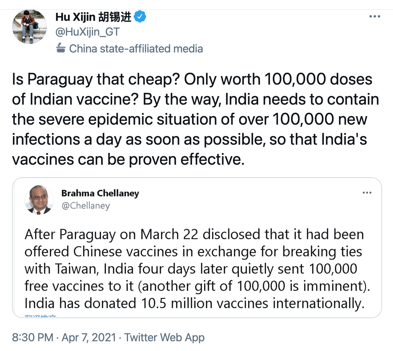 Brahma Chellaney on Twitter: "Paraguay illustrates China's cynical attempts to exploit the hardship caused by its most infamous global export, Covid. The 100,000 vaccines represent just the first shipment. India has supplied