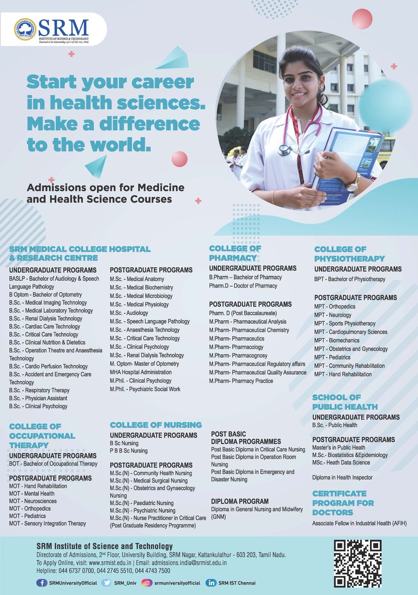 Admissions open now for #SRMIST Medicine and Health Sciences. Join us and make a difference to your career.
Register now: srmist.edu.in/admission-indi…
#SRMJEEH #studymedicine #studyhealthsciences #healthsciences #Admissions2021 #AdmissionsOpen #SRM #SRMInstituteofScienceandTechnology