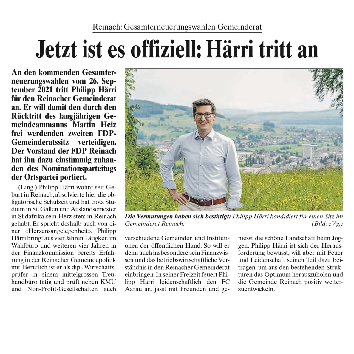 Phil_Haerri's tweet photo. Ich kandidiere für den Reinacher Gemeinderat - Gesamterneuerungswahlen vom 26. September. Es würde mich freuen, wenn ich mich mit Feuer und Leidenschaft für unser Reinach einsetzen dürfte 😊
Bild: Bericht im @WynentalerBlatt vom 8. April 2021
Mehr auf: https://t.co/Qva0ppZI1e https://t.co/ZtG8sySNmA