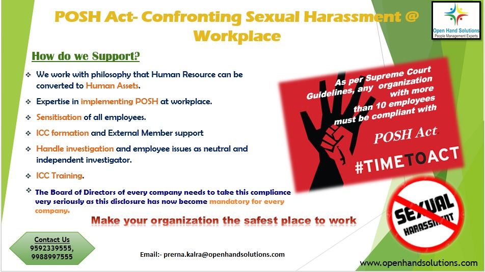 OpenHandS's tweet image. Today, all workplaces are mandated by law, Open Hand Solutions provide safe &amp;amp; secure working environment free from sexual harassment for all employees.
#Poshact2013 #awarenesstraining #openhandsolutions #safety #workplacesafety #poshact #compliance #audit #sexualharassment #posh