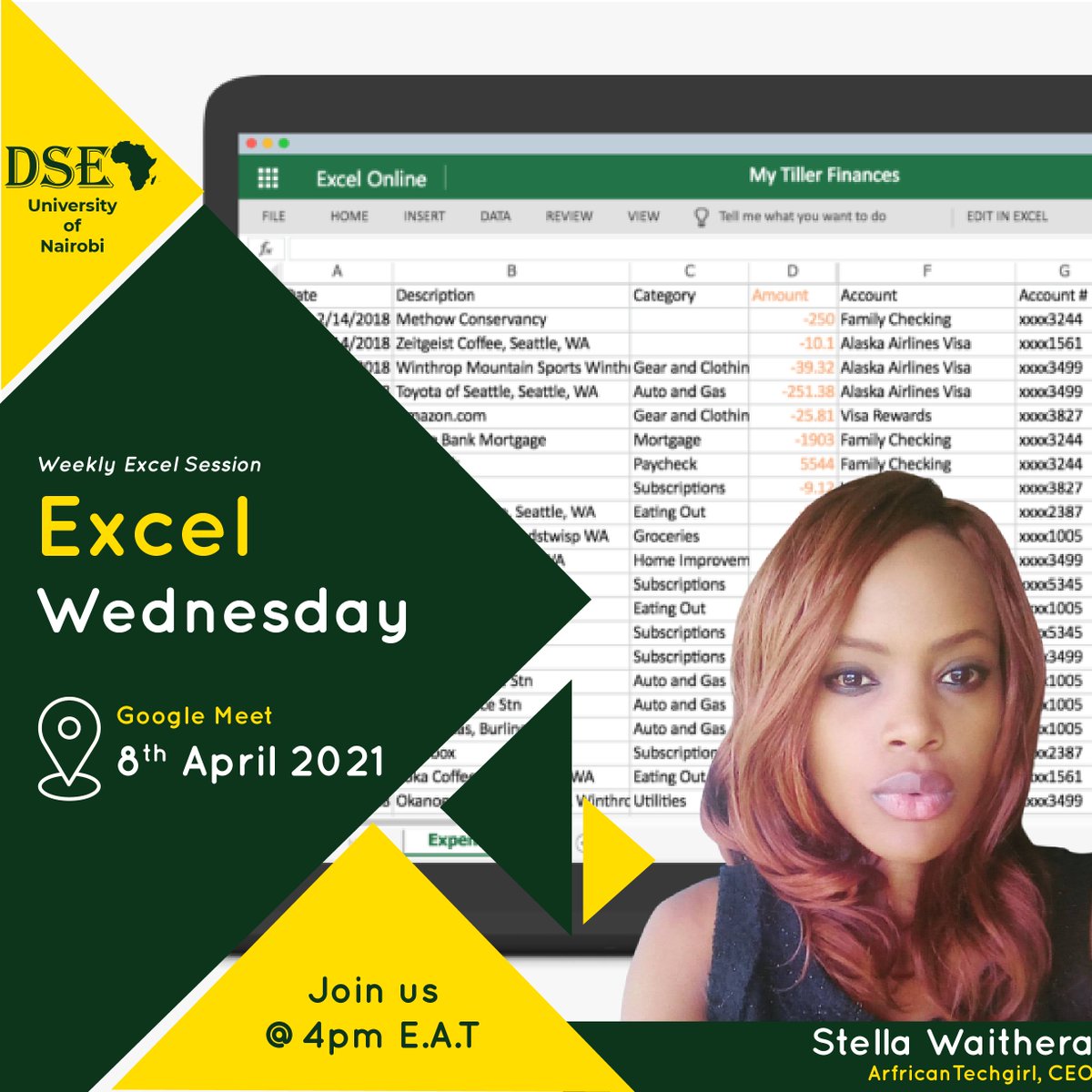Establishing Excel Wednesday ,
Be part of us <a href="/4/">w</a>:00pm E.A.T as  we are lead by Stella Waithers  @Africantechgir1
<a href="/uon_maths/">UONMATHEMATICS</a>
 #DataAnalytics #excel