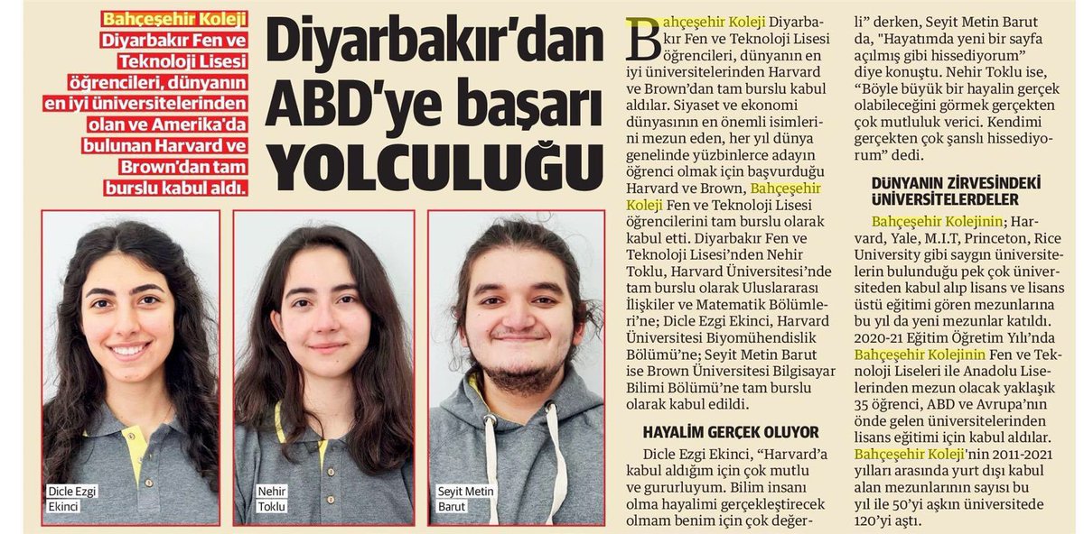 bahcesehir_k12's tweet photo. “Diyarbakır’dan ABD’ye başarı yolculuğu” | @yenisafak 

#HarvardUniversity 
#BrownUniversity 
#BahçeşehirKolejiDiyarbakırKampüsü https://t.co/AqTCZ8G3nZ