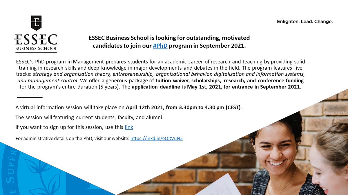 ESSEC Business School is looking for outstanding, motivated candidates to join our #PhD program in September 2021.
A virtual information session will take place on April 12th 2021, 3.30-4.30 pm (CEST). Sign up here for this session: forms.gle/NJXRL5shZ4oBJ7…