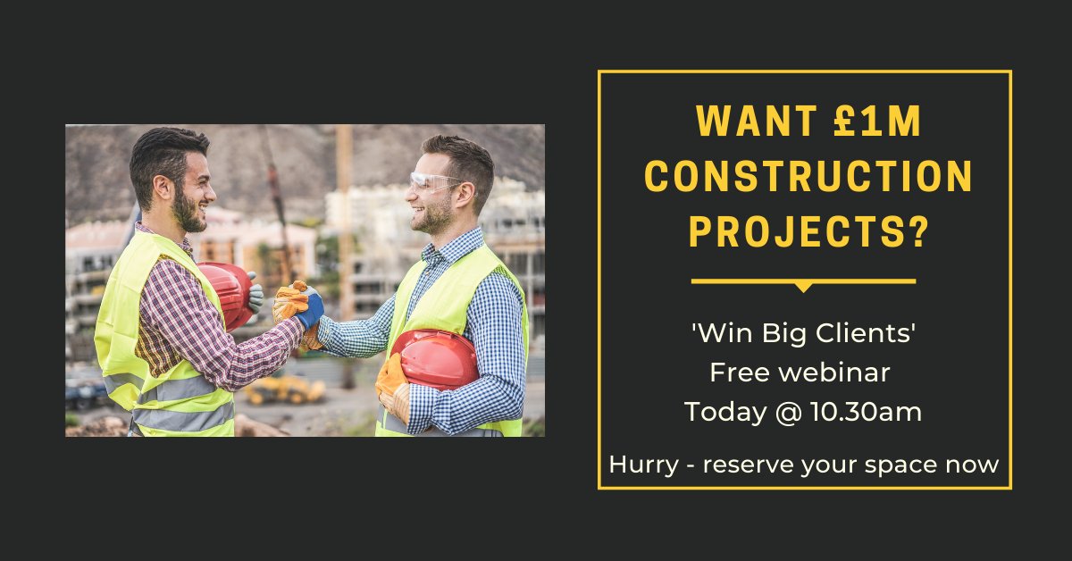 developcoaching's tweet image. Today is your last chance to register for my FREE &apos;Win Big Clients&apos; webinar. Discover how to win contracts worth £200K - £1m.

It starts at 10.30am and lasts an hour so sign up now: ow.ly/u6rt50E83Hc

#developcoaching #constructionhelp #constructionadvice