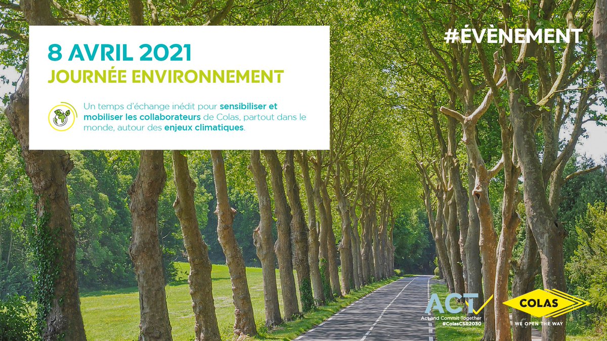 1ère journée Colas pour l'#Environnement ! Le Groupe organise aujourd’hui un événement dédié aux enjeux climatiques dans l’ensemble de ses implantations. Objectif : informer et sensibiliser les 55 000 collaborateurs sur les chantiers et les sites Colas ➡ colas.com/fr/presse-actu…