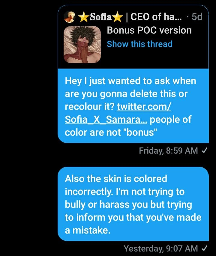 There are multiple accounts of her admitting she only sees POC art as a cash-grab or straight up ignores people when they call her out for being exploitative towards POC. screenshots provided by @/DaikoJino and @/SUKUNABFS