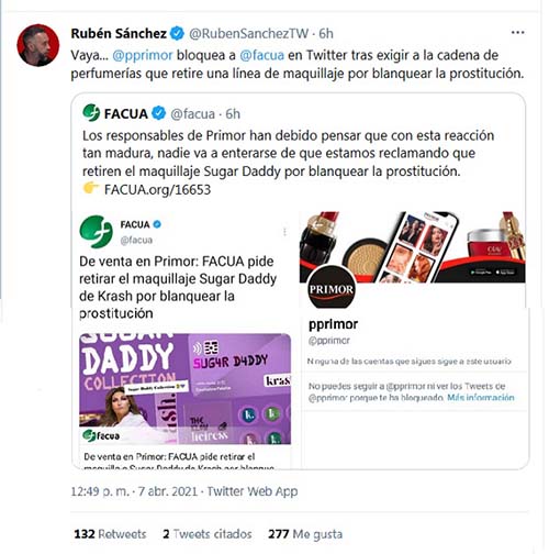 FACUA se suma a las peticiones de retirada de la venta en PRIMOR de los productos de maquillaje ‘Sugar Daddy (Papa dulce)’ “por blanquear la prostitución”. La respuesta de PRIMOR es bloquear a la asociación de consumidores en Twitter
revistaelobservador.com/opinion/50-red…