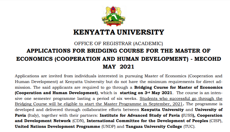 KenyattaUni's tweet photo. APPLICATIONS FOR BRIDGING COURSE FOR THE MASTER OF
ECONOMICS (COOPERATION AND HUMAN DEVELOPMENT) - MECOHD
MAY 2021
https://t.co/ZAA1AaswXN https://t.co/dVWTMuPMff
