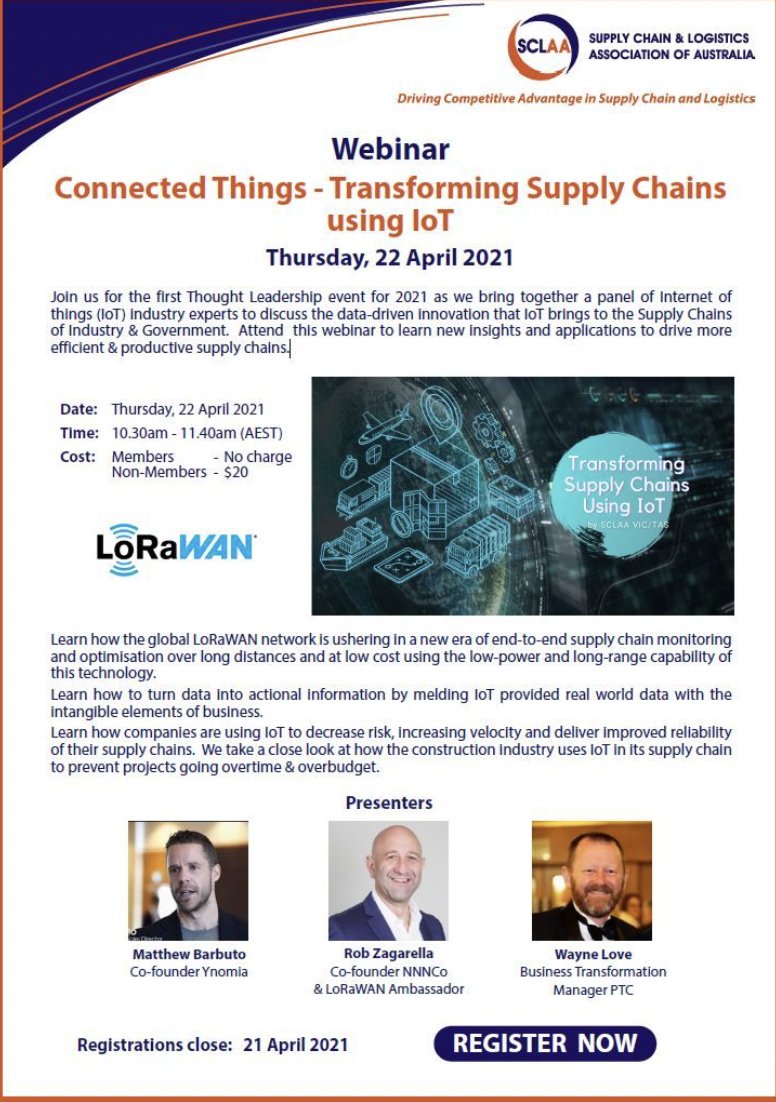 Join us for a webinar organised by the #SCLAA on how #IoT and #LoRaWan technology can help revolutionise Supply Chains and Logistics on April 22 at 10.30 am AEST
Register here: bit.ly/210422IoT