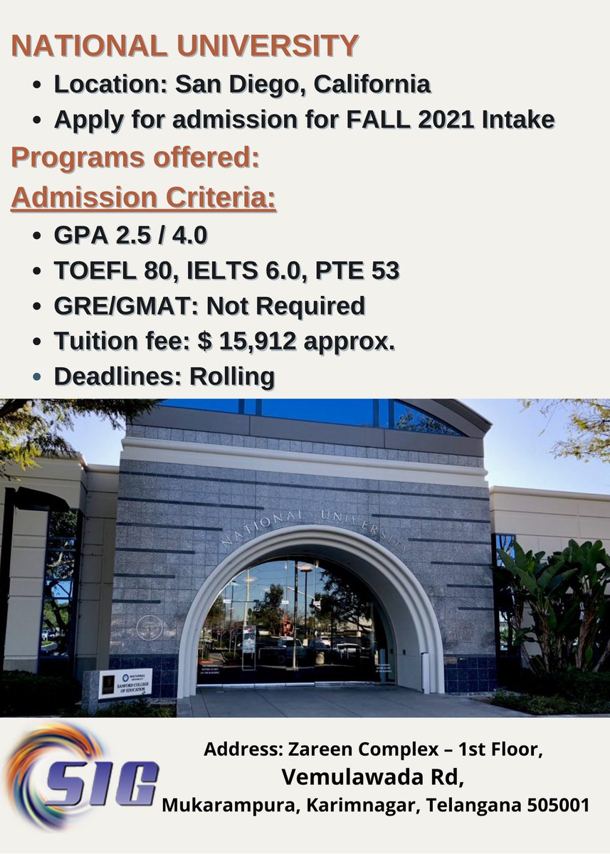 KarimnagarSig's tweet photo. #StudyUnitedStates
✔️National University is a private university with its headquarters in La Jolla, #California
Apply for admission for FALL 2021 Intake 
#NationalUniversity
#StudyAbroad      
#AdmissionsOpen 
#ieltstraining 
#ieltscoachingnearme
#GMATtrainingnearme https://t.co/jYLOQJ00he