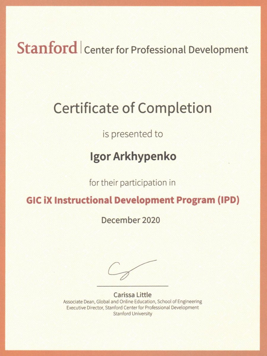 Igor_Arkhypenko's tweet photo. Glad to share: I've finished 3 months of the GIC iX Instructional Development Program with Global Innovation Catalyst LLC and Stanford Center For Education And Professional Development. Gained a unique experience, great knowledge and extended my network with experts, investors👍 https://t.co/JUsBuRhWmy
