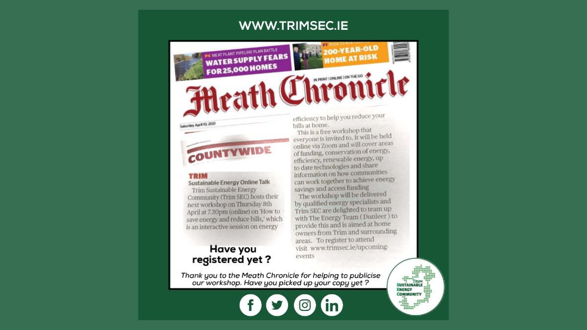 Thank you to the <a href="/meathchronicle/">Meath Chronicle</a> for helping us publicise our upcoming workshop taking place online this evening. (April 8th) 

Have you picked up your copy yet? - Support your local newspaper who are always at hand to support organisations like us! 

trimsec.ie/upcoming-events