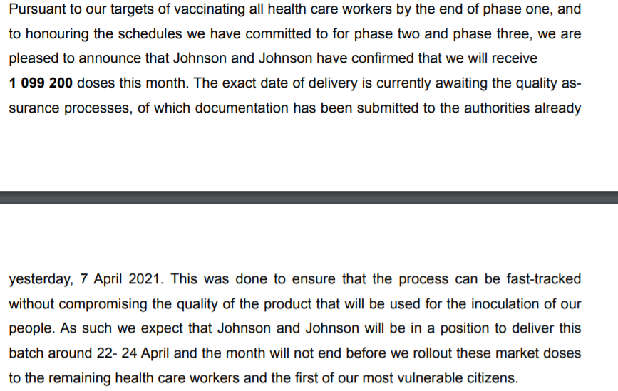 [Thread] 1. VACCINE ARRIVAL UPDATES: According to  #ZweliMkhize, J&J has confirmed that just over 1 mil  #CovidVaccines will be delivered to SA between 22 + 24 April. They will all come from the local Aspen plant (previously we only knew they'd arrive in the 3rd/4th wk of April).