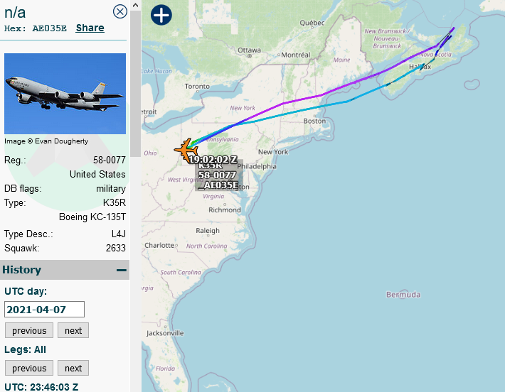 SirListenalot's tweet photo. #B1's #HORN11-12 were refuelled on AR-20 (YQY - YQI) by #KC135's #SPUR85 (round trip McGuire) and #SPUR86 (r/t Pittsburgh). HORN continued via YEE to Ellsworth https://t.co/hnuZB91oks