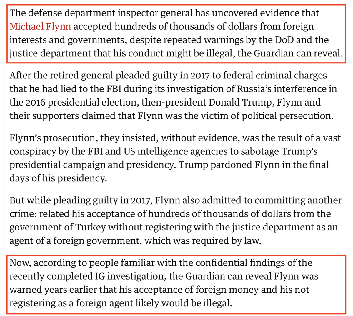 OK, so let's get to the Guardian article. Surprise, surprise, MIKE FLYNN WAS A FOREIGN AGENT FOR YEARS and of course Obama knew (he had fired the guy) and Trump knew and tried to make him APNSA and...it's all insane. YOU CAN'T DO THIS AS A RETIRED INTEL DIRECTOR. AT ALL.