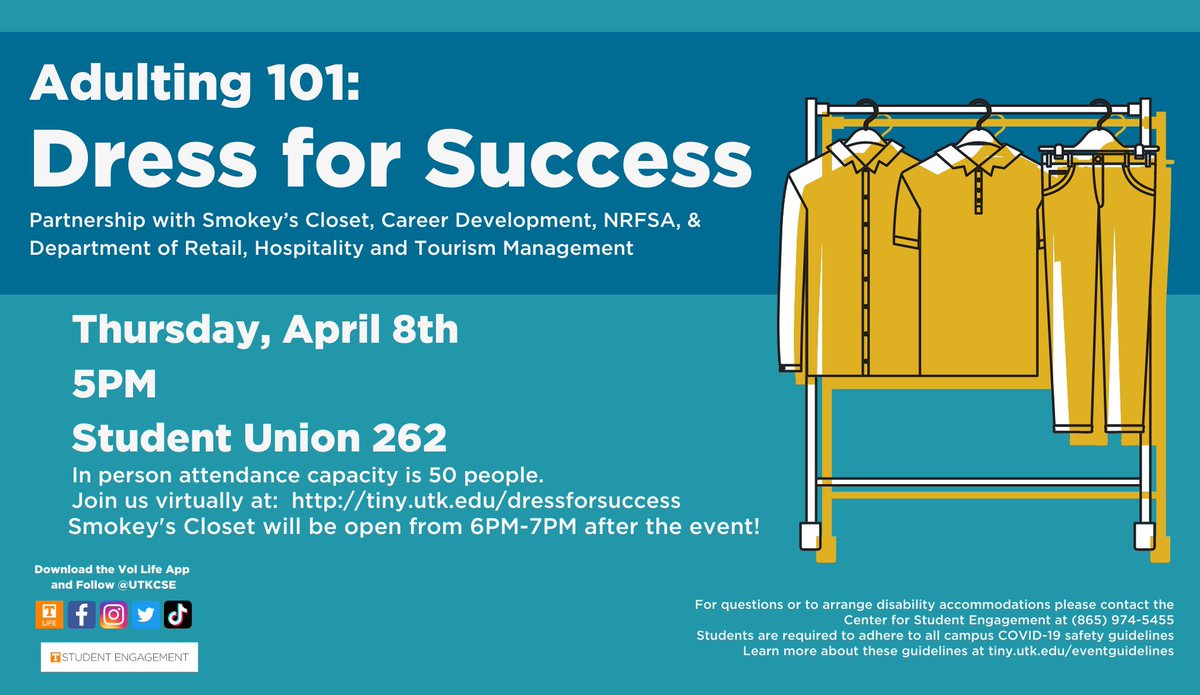 Join us, <a href="/SmokeysCloset/">Smokey's Closet</a> , <a href="/volcareers/">UTK Career Development and Academic Exploration</a> , <a href="/utk_nrfsa/">UTK NRFSA</a> , and <a href="/rhtmutk1/">RHTM</a> TONIGHT - either in person or virtually - as we chat about how you can best dress for success!