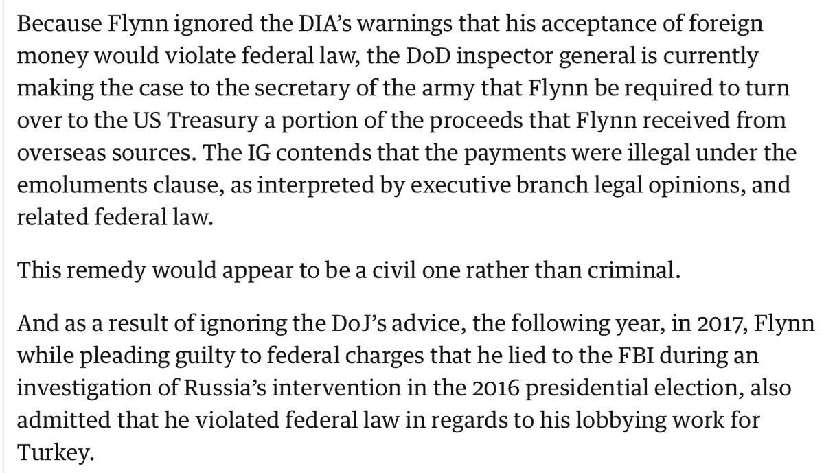 This here is the warmup act. These are the civil remedies for Mike's behavior as a private citizen.But the Uniform Code of Military Justice may be quite a bit more brutal on the matter. See, lying to the FBI was just a small part of Flynn's criminal activities.
