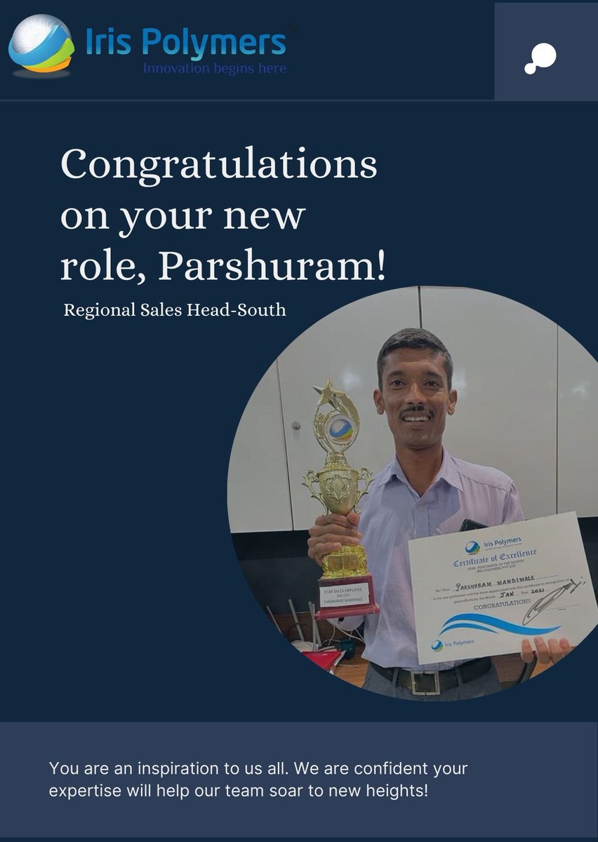 irispolymers's tweet photo. Congratulations on your new role, Parshuram!
Regional Sales Head-South.
#irispolymers #Sucess #sales #newroles #regionalsalesmanager #mulch #Mulchingpaper
#southindian #agricultureandfarming #agriculture #agribusinesses
#responsibilities #marketing #DigitalMarketing https://t.co/k8XoZTGLSj