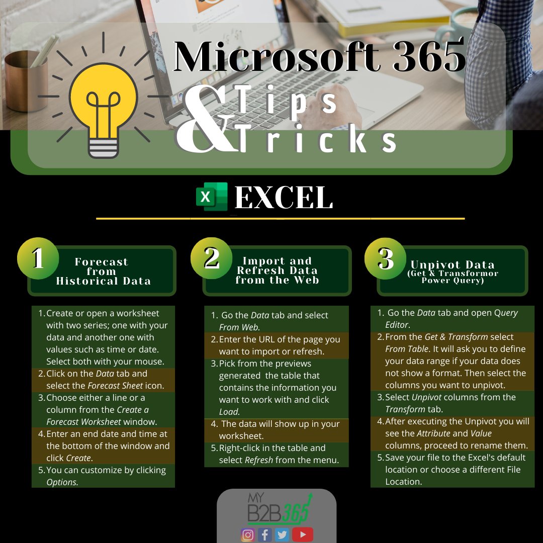 ✅Did you know that some Excel users don’t even get to know the 10% of its functions?  Increase your skills level with our 365 Microsoft Tips&amp;Tricks!

📌View and download our free resources: myb2bcoach.com/download-tools

#Microsoft365 #Excel #Myb2b365  #TipsAndTricks