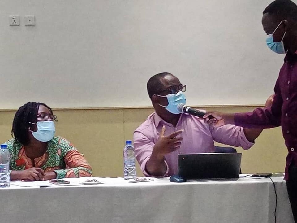 The National Project Steering Committee members of the NAP project discuss the 2021 first quarter progress report presented by the Project Coordinator, Dr. Antwi Bosiako-Amoah, at the ongoing steering committee meeting at Alisa Hotel.