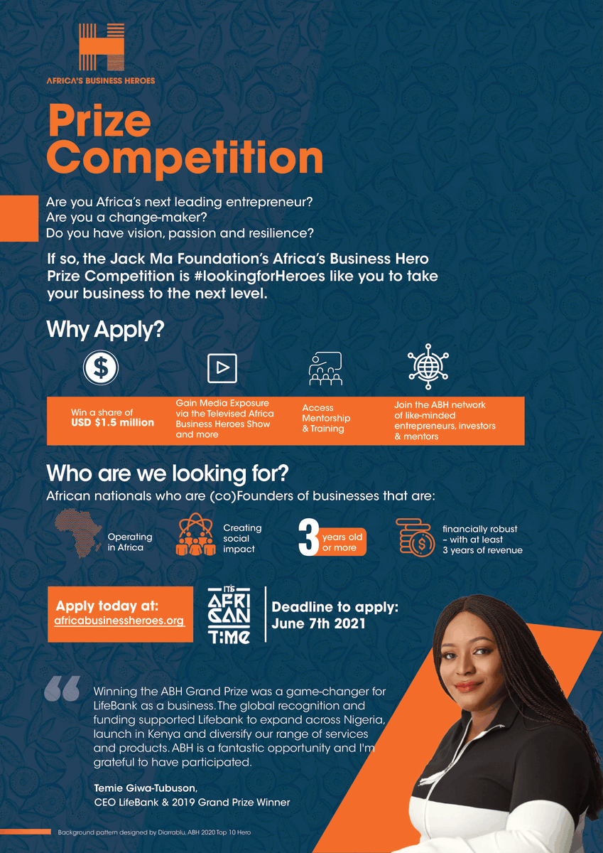 africa_heroes's tweet photo. Calling all African Entrepreneurs!
 
Stand a chance to win your share of $1.5 Million USD for your business, gain global publicity and access to mentorship &amp; training.
 
Apply now at https://t.co/6Zb4TQuOaY. 
 
#AfricasBusinessHeroes #ABH2021 #ItsAfricanTime #AfricanEntrepreneur https://t.co/Ydr8ip6hmg