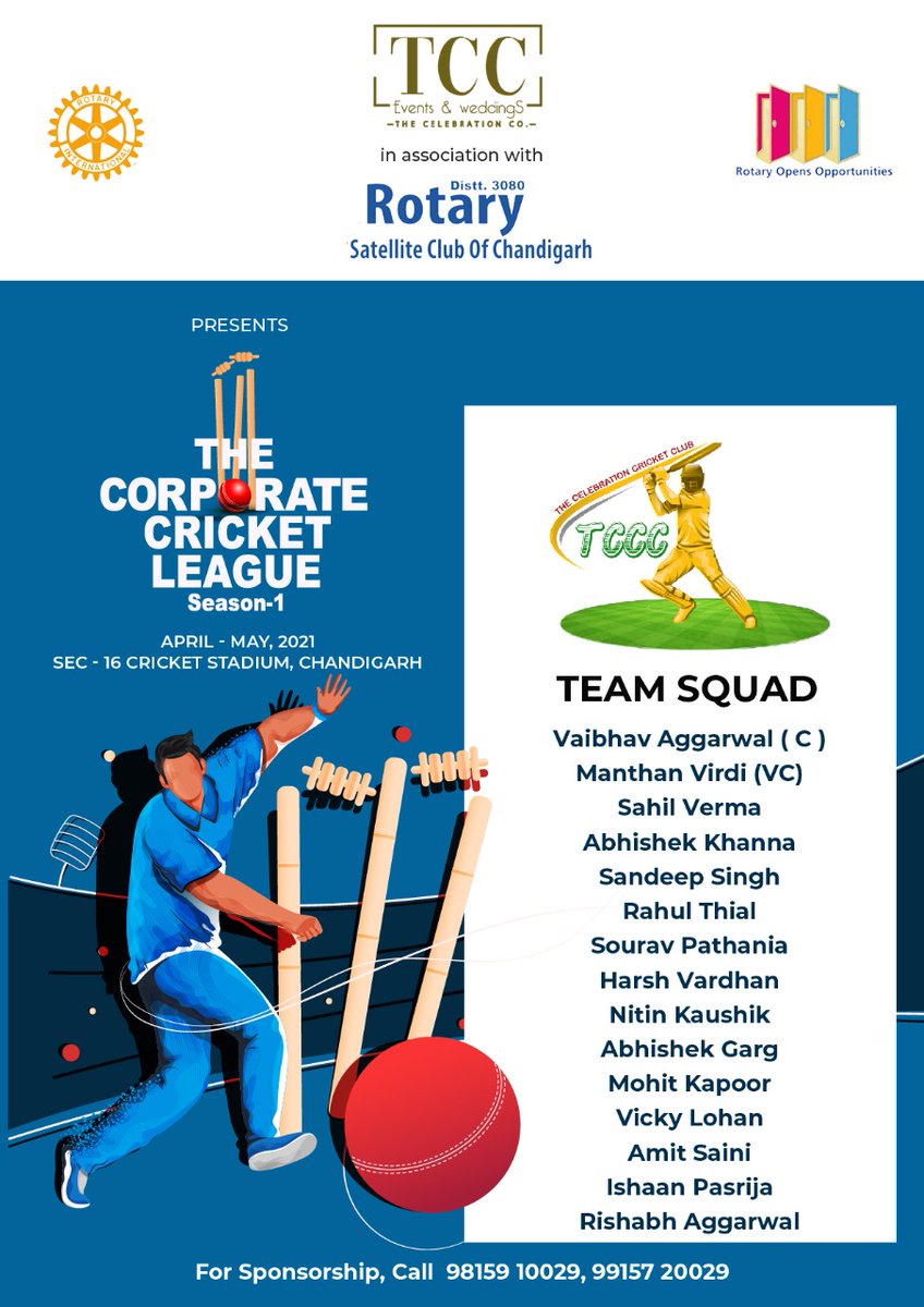 CelebrationChd's tweet photo. We are introducing the team TCCC (The Celebration Cricket Club). All set for Corporate Cricket League. Let the match begin!!

For any kind of inquiries
Email: tcclchd@gmail.com
Phone: 9815910029

#Cricket #Cricketlovers #MatchDay2021 #Corporate #event #chandigarh #league #tcc https://t.co/xSv2qA0Dkv