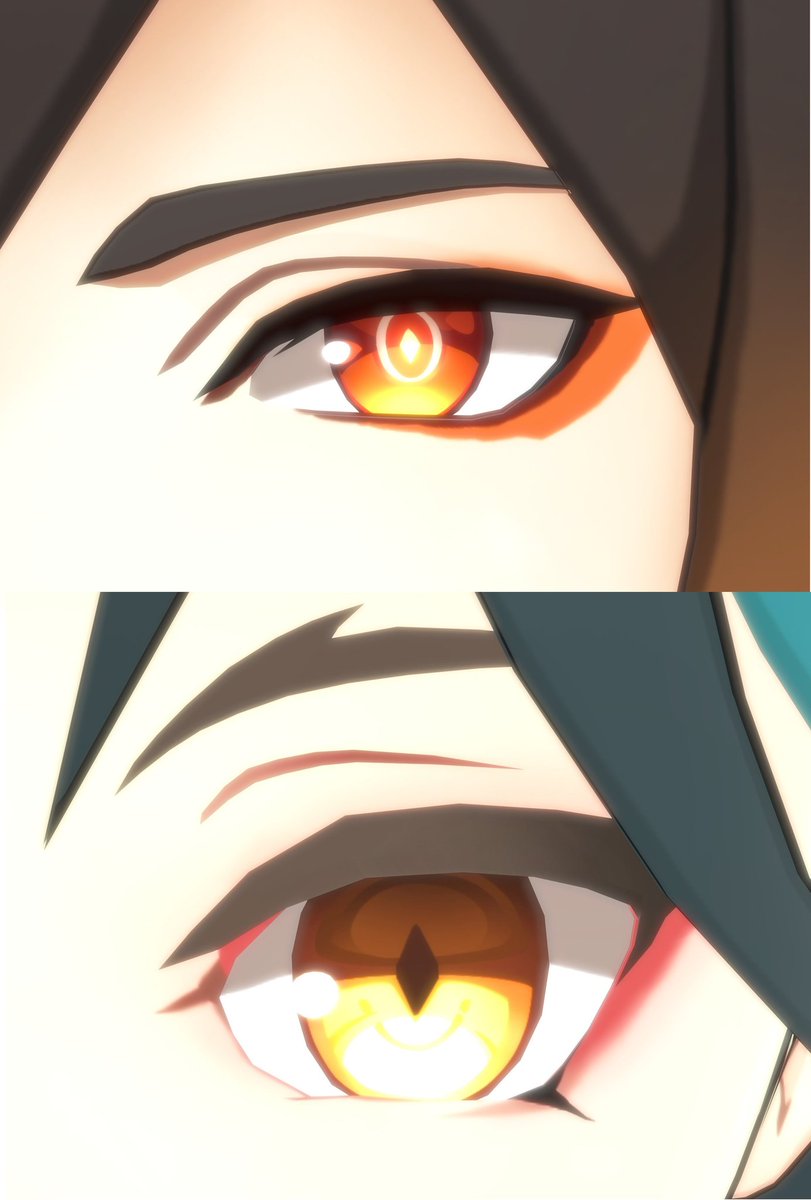 Chai Pc直せ 何度でも言う 鍾魈の目が大好きなんですよ どっちも美しすぎる 同じ金眼でも色の深さとか瞳孔が違ったり 引いてる紅の色も違うのも好き なによりこんな美麗モデルが公式配布されてるのが本当ありがたすぎる Mihoyo様 そぼろ様