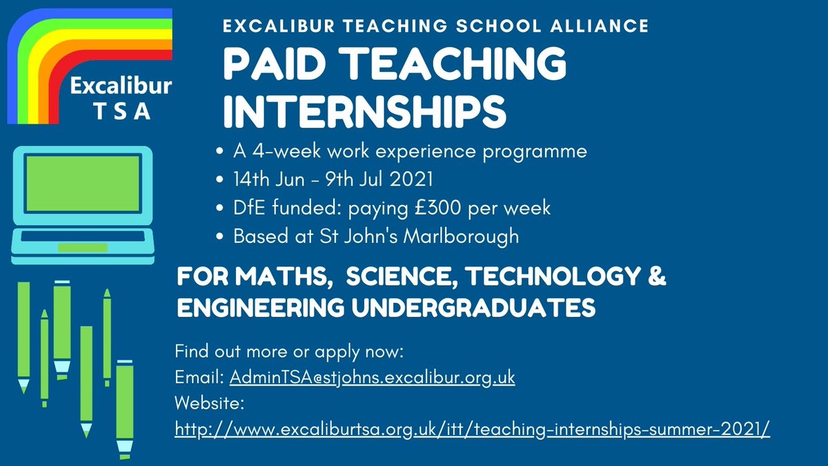 Excalibur TSA (@excaliburtsa) on Twitter photo We're looking for summer interns- apply now!
4-week paid internship at St John's Marlborough for current STEM undergraduates. DfE funded. excaliburtsa.org.uk/itt/teaching-i…
Email us: AdminTSA@stjohns.excalibur.org.uk with your questions or to request an application form. <a href="/StJohnsMarlb/">St Johns Marlborough</a> We're looking for summer interns- apply now!
4-week paid internship at St John's Marlborough for current STEM undergraduates. DfE funded. excaliburtsa.org.uk/itt/teaching-i…
Email us: AdminTSA@stjohns.excalibur.org.uk with your questions or to request an application form. <a href="/StJohnsMarlb/">St Johns Marlborough</a>