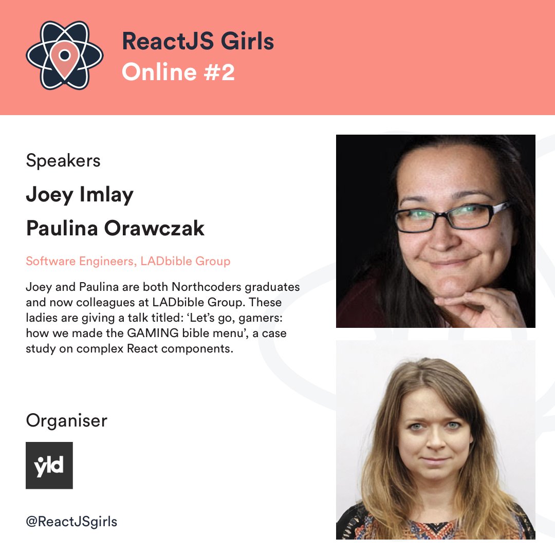ReactJSgirls's tweet image. Our FINAL speaker announcement!
Welcoming @dentednerd and Paulina Orawczak from @ladbible who will do a talk titled: 'Let’s go, gamers: how we made the GAMING bible menu' - a complex study of #ReactJS.
Sign up here link.yld.io/5eG7OI to join on the 22nd April! #Meetup