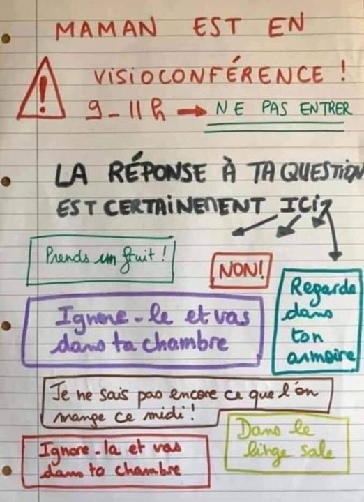 On remarque que c'est "Maman" qui a eu l'idée géniale de ce génial avis à afficher sur la porte de son télé-bureau. Merci c'est tellement ça ! 😀😃