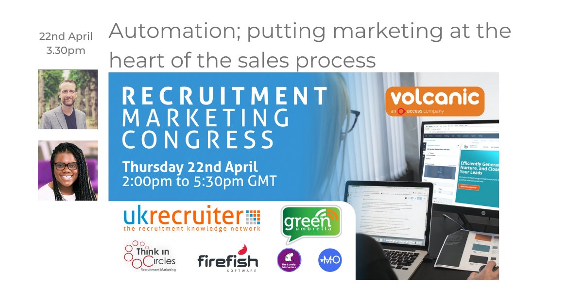 🎉The Recruitment Marketing Congress is just two weeks away!🎉Catch Glenn Southam of <a href="/LonelyMarketers/">The Lonely Marketers</a> &amp; Audrey Lartey of <a href="/iPharmJobs/">i-Pharm Consulting</a> on "#Automation; putting #marketing at the heart the sales process" Thank you to our sponsors <a href="/volcanicuk/">Access Volcanic</a> 

Register:-  ukrecruiter.co.uk/recruitment_ma…
