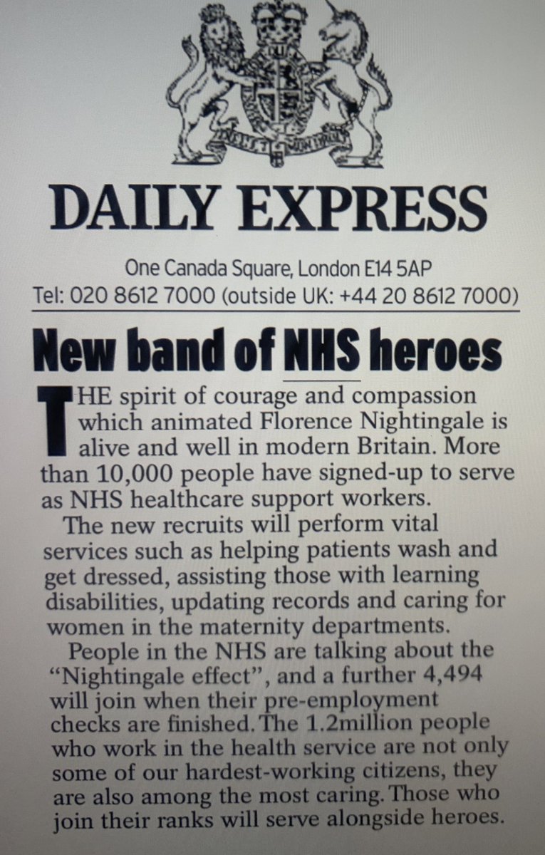 MacarthurAnna's tweet image. In today’s @Daily_Express the ‘Nightingale effect’ has inspired thousands of people to join the NHS as health care support workers. Op ed from @CNOEngland &amp;amp; lovely Leader from the Express. Welcome to #teamCNO