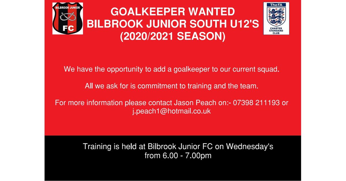 Bilbrook South U12's - Goalkeeper Wanted
bilbrookjunior.co.uk/news/bilbrook-…