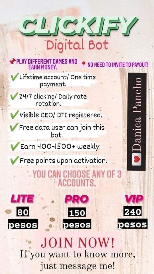 BusalananKyla's tweet image. Who wants to join our team? Your 150 or 240 will be back to you into triple. Just comment how. Earn 400-1500+weekly and DTI registered #clickify #join_our_team_now legit guys😊