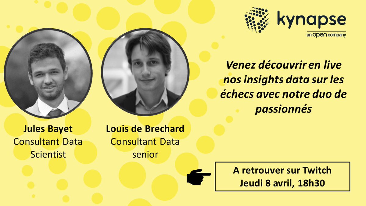 🕡 Retrouvez nous sur Twitch dès ce soir, 18h30 pour notre premier live avec Louis de Bréchard, Consultant Senior et Jules Bayet, consultant Data scientist pour une discussion passionnée sur la data au service des échecs !
👉 Abonnez-vous ici lnkd.in/dp-TCEh