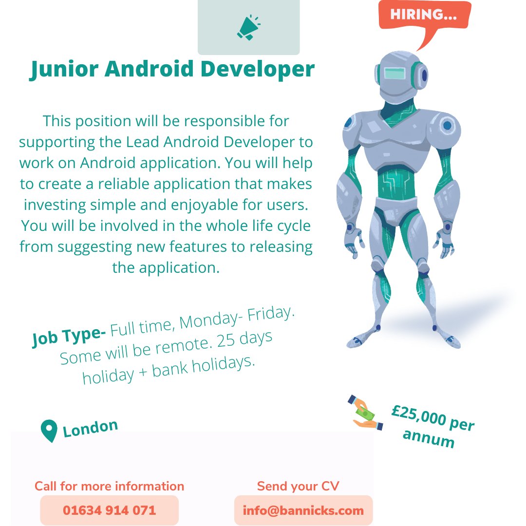 Bannicks1's tweet image. NEW JOB!!!! We are looking for a Junior Android Developer! Please call for more information!
#AndriodDeveloper #Tech