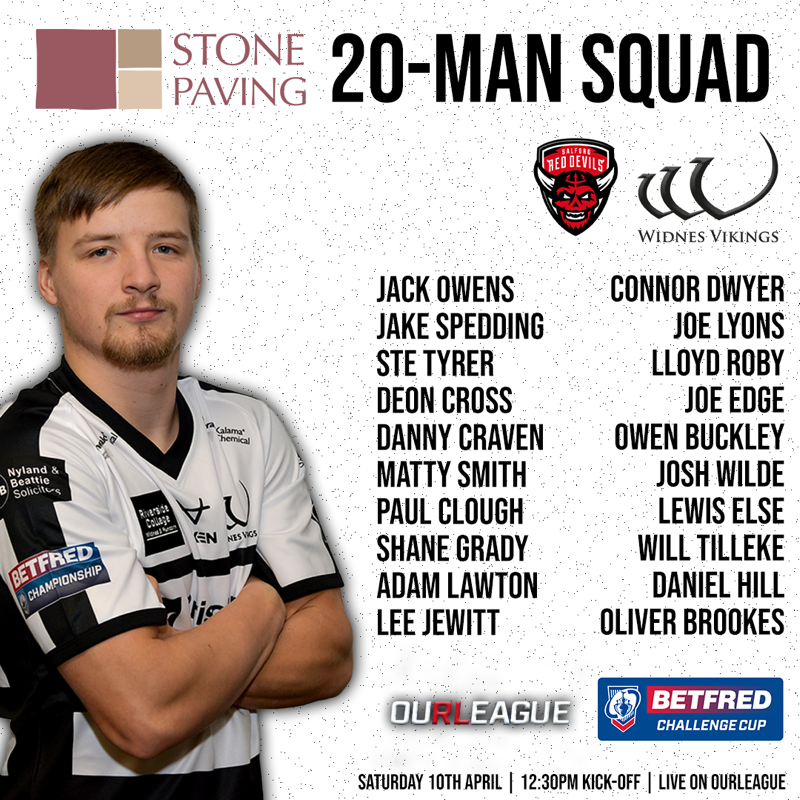 WidnesRL's tweet photo. 👥 Simon Finnigan has named a #StonePavingSupplies 20-man squad for Saturday's Challenge Cup tie against @SalfordDevils.

Lee Jewitt &amp; Oliver Brookes come in, with both in-line to make their debuts if selected. ⬇️

#COYV🏁