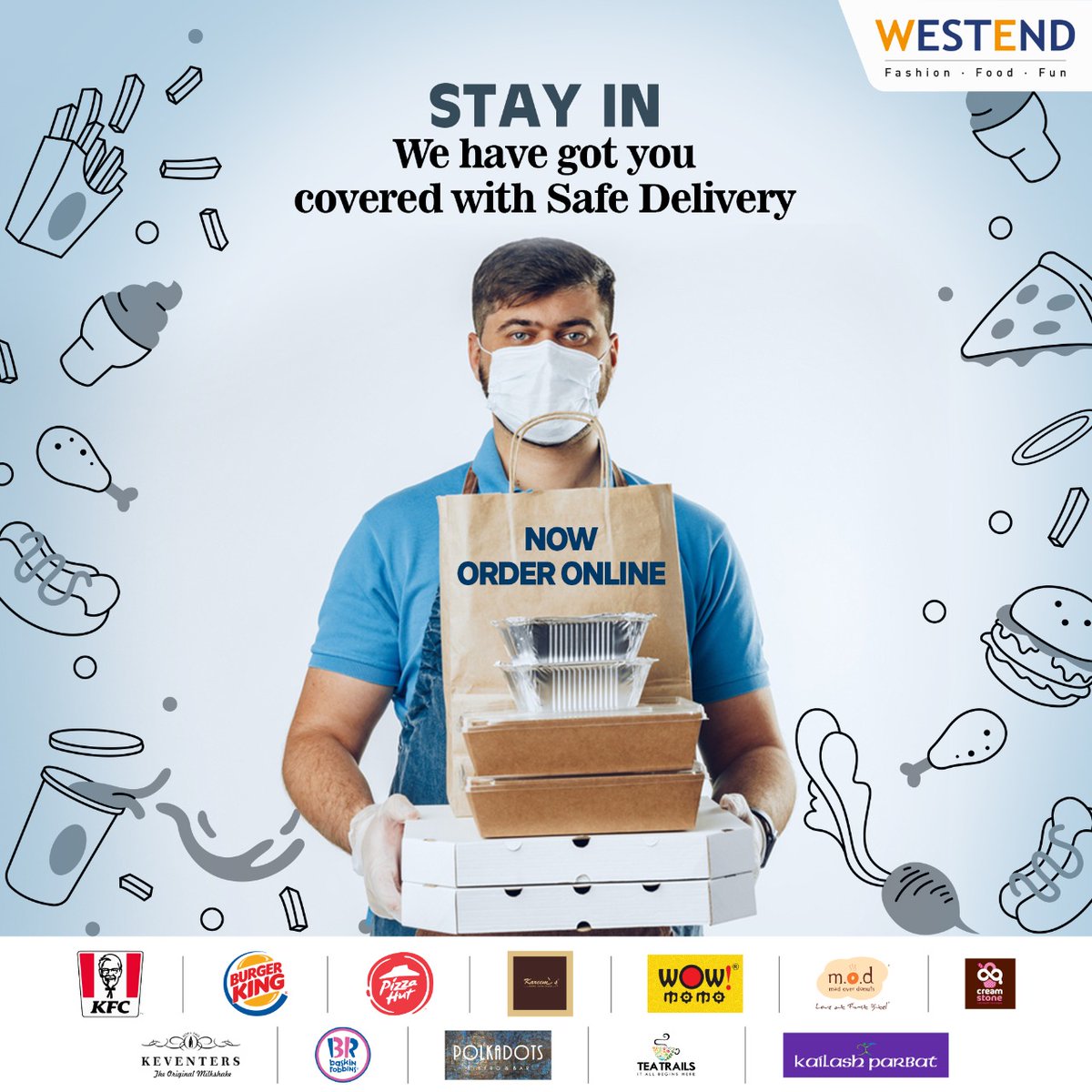 Now Order online as we are following the highest safety standards at all our food outlets. 
#Westend mall is now offering home-delivery of meals from 7 a.m till 6 p.m. Stay worry free and place your orders now! #IndianMalls #NexusMalls #WeAtWestend #fooddelievery #Mallsinpune