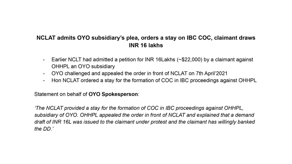 OYO (@oyorooms) on Twitter photo Closing <a href="/riteshagar/">Ritesh Agarwal</a>'s thread from yesterday - Today NCLAT has admitted our plea and ordered a stay for the formation of COC in IBC proceedings against OHHPL, an OYO subsidiary. The claimant has already drawn the INR 16 Lakhs which we paid under protest. Closing <a href="/riteshagar/">Ritesh Agarwal</a>'s thread from yesterday - Today NCLAT has admitted our plea and ordered a stay for the formation of COC in IBC proceedings against OHHPL, an OYO subsidiary. The claimant has already drawn the INR 16 Lakhs which we paid under protest.