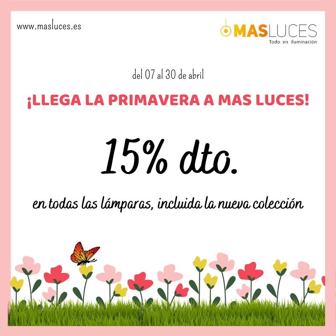 ¡La primavera nuestros precios altera!
Desde hoy hasta el 30 de abril bajamos los precios un 15%
En todas nuestras lámparas, incluidas las de la nueva colección.
¡Aprovecha esta oferta!

ow.ly/ImnL50Eholr

#masluces #promocion #rebajasdeprimavera #hogar #rebajas #lamparas