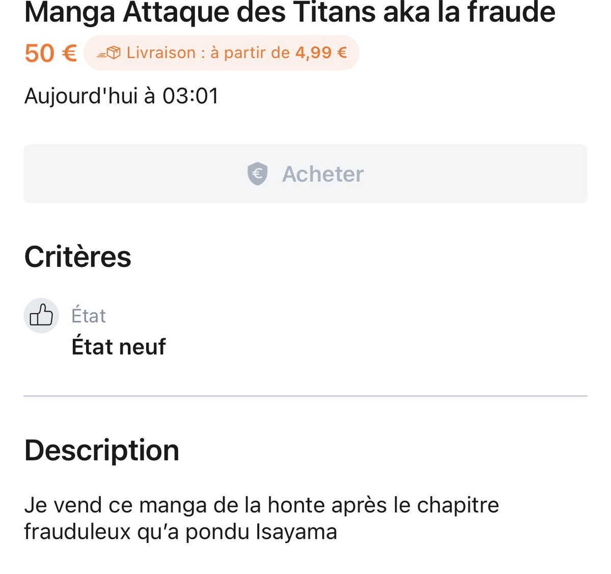 JazonMane's tweet photo. Je suis en train de crier, 3:01 il a lu le dernier chapitre il est allé mettre sa collection sur leboncoin juste après https://t.co/VIRZWwzQye