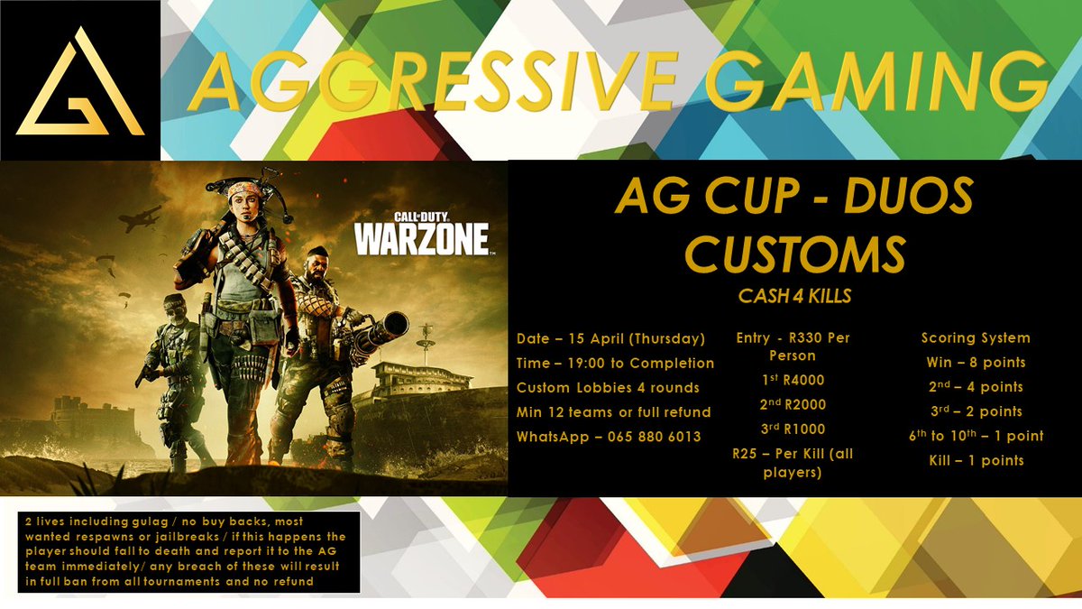 AggressiveGami6's tweet photo. ***NEW FORMAT OF COMPETITION***

***EARN R25 PER KILL***

CUSTOM LOBBY COMP
Join the discord - https://t.co/xiXR6fisOS
WhatsApp - 0658806013 https://t.co/xHco0MxuOp