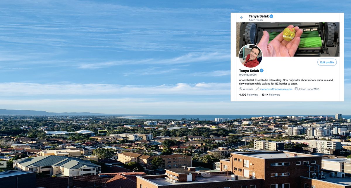 I'm a Wollongong anaesthesiologist (hence GongGasGirl)- pic from our hospital looking north to Sydney here. I started on Twitter when my kids were little. Seemed a great way to keep up to date clinically as I emerged from the wilderness of nappies, naps, and sleeplessness.