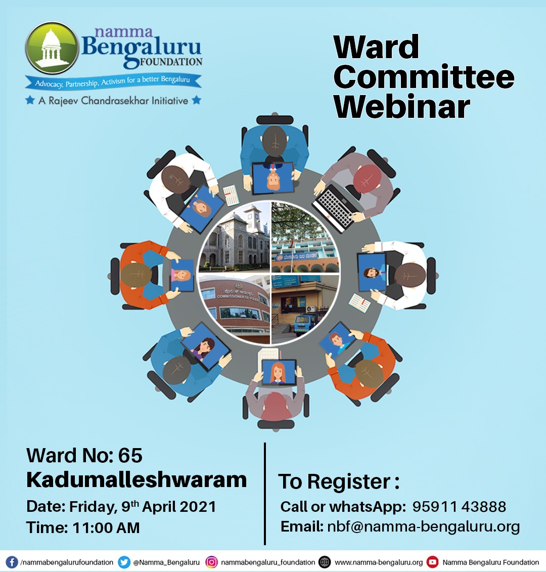Namma_Bengaluru's tweet photo. @Namma_Bengaluru in association with #BBMPs #Ward #Committee members of #Ward65, #Kadumalleshwaram is facilitating a #ward committee #webinar. Officers shall discuss with ward residents and address #civic issues of the ward.
On 09th April 2021 @ 11.00am
To Register: 9591143888 https://t.co/rec7zHkm0K