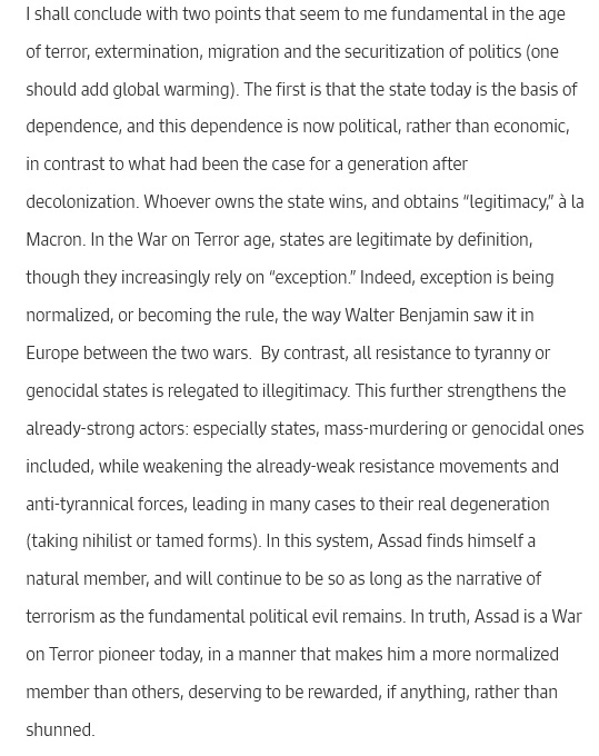  @mattiastesfaye's statement that there would no longer be any danger to Syrians from Damascus derives from a widespread narrative on the Syrian tragedy, which frames this conflict as a civil war pitting a sovereign state against non-legitimate militants. https://www.aljumhuriya.net/en/content/terror-genocide-and-%E2%80%9Cgenocratic%E2%80%9D-turn